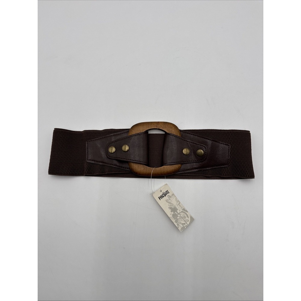 Pac Sun Boho Stretch Belt Bronze Brown Wood Buckle Wide Chunky Y2K Retro Elastic